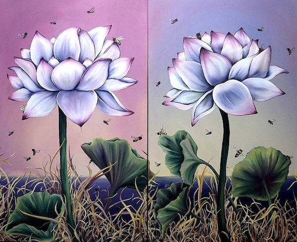 Pollinate Me (lotus flowers with pollinating bees) 2014, Oil on Canvas, 60"x72"