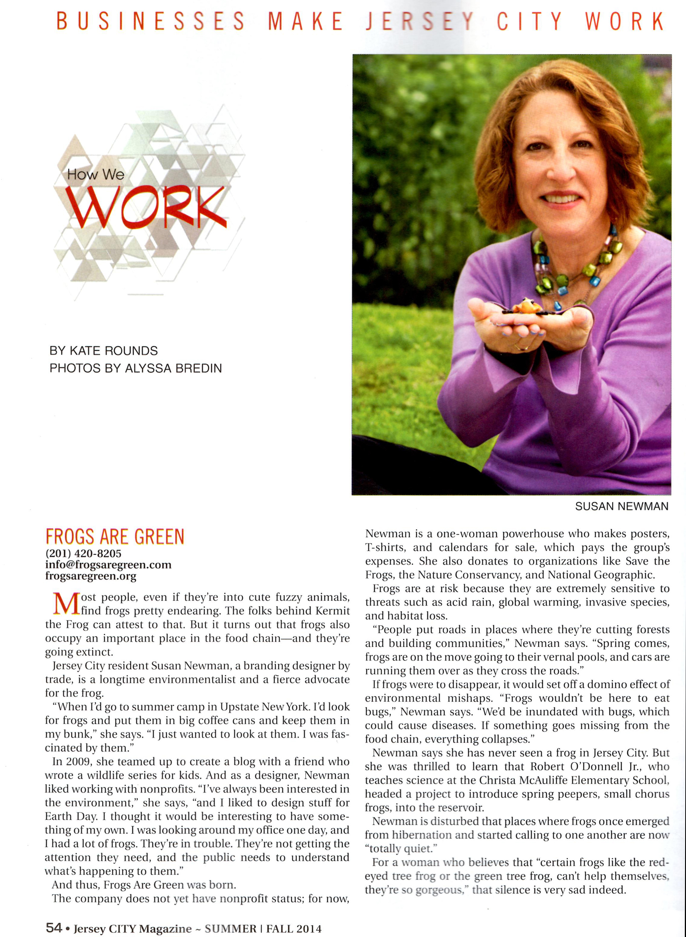 Susan Newman, founder of Frogs Are Green interviewed for Jersey City Magazine, Summer/Fall 2014 Issue