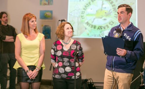 Proudly accepting our proclamation from Mayor Steven Fulop is Gabriel Pacheco, Susan Newman and Kristin DeAngelis at Frogs Are Green's Green Dream - Save The Frogs Day event at The Distillery Gallery in Jersey City. Photo by Danny Chong.
