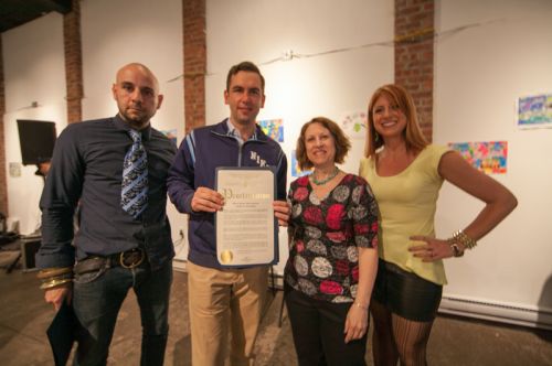 Gabriel Pacheco, Mayor Steven Fulop, Susan Newman and Kristin DeAngelis at Frogs Are Green's Green Dream - Save The Frogs Day event at The Distillery Gallery in Jersey City. Photo by Danny Chong.