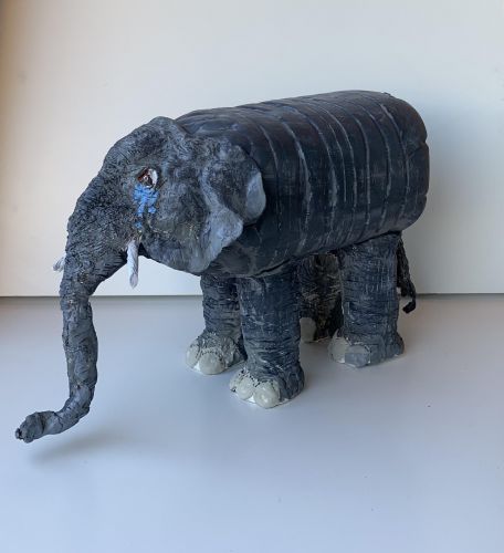 Sad elephant sculpture by Claire Chong, 9 yrs old, CA for Earth Day 2020