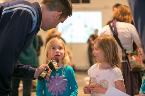 Mayor Fulop interviews children at Frogs Are Green's Green Dream - Save The Frogs Day event at The Distillery Gallery. Photo by Danny Chong.