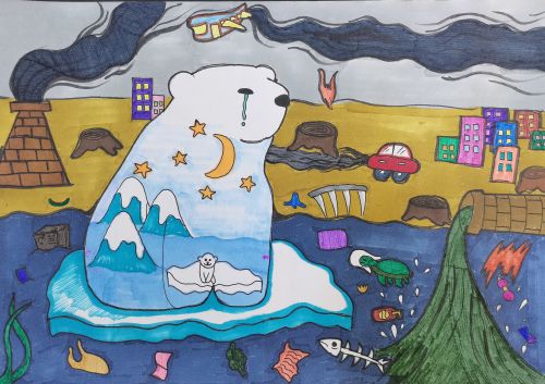 3rd Place - Zhuoran Zhang, 10 yrs, China, Polar bear's little wish, best art from China 2020