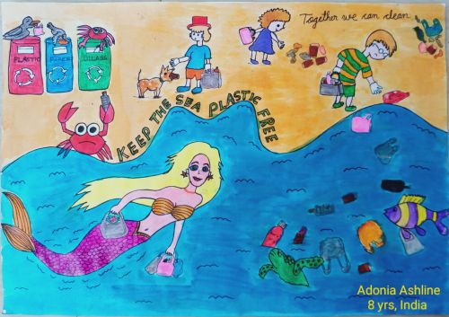 ADONIA ASHLINE, 8 yrs, India, keep our seas free from plastic, best environmental message 2020