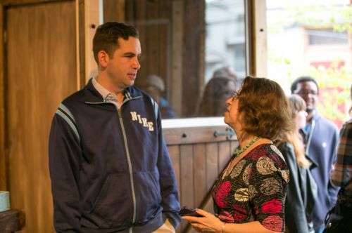 Mayor Steven Fulop and Frogs Are Green founder Susan Newman discuss frog decline, engaging children through art and self-expression and the Green Dream - Save The Frogs Day event at The Distillery Gallery in Jersey City. Photo by Danny Chong.