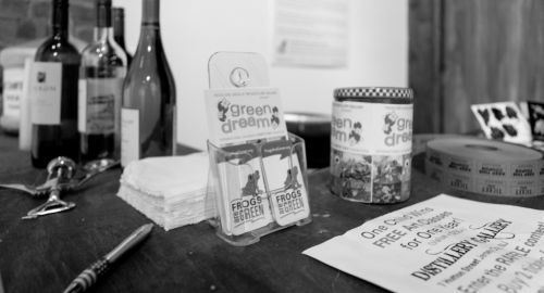 Green Dream marketing materials and the Raffle area. Drawing was 4.26 and someone won for one child to receive free art classes for a year at the Distillery Gallery!