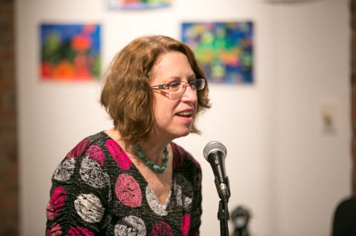 Susan Newman, founder of Frogs Are Green speaking to the crowd at the Green Dream - Save The Frogs Day event, The Distillery Gallery in Jersey City. Photo by Danny Chong.