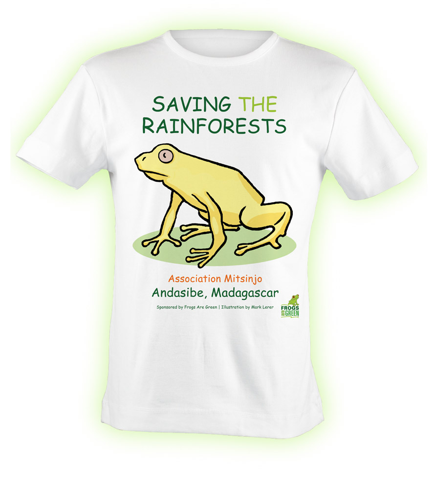 Exclusively designed t shirt for Association Mitsinjo by Susan Newman, founder of Frogs Are Green and illustrated by Mark Lerer.
