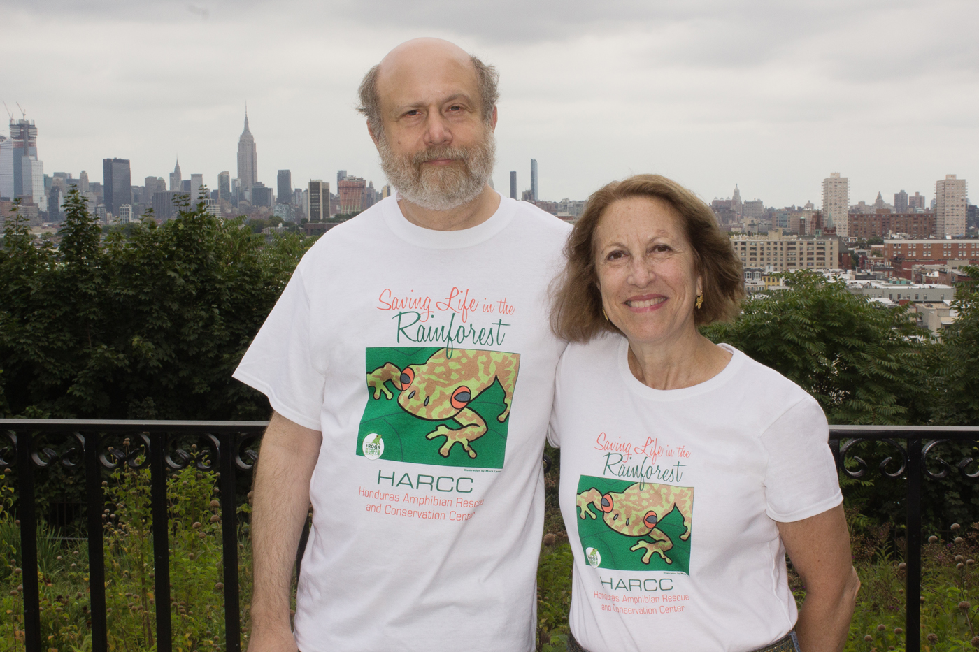 Mark Lerer, illustrator and Susan Newman wearing the new Frogs Are Green t-shirts to support HARCC. (Honduras Amphibian Rescue and Conservation Center).