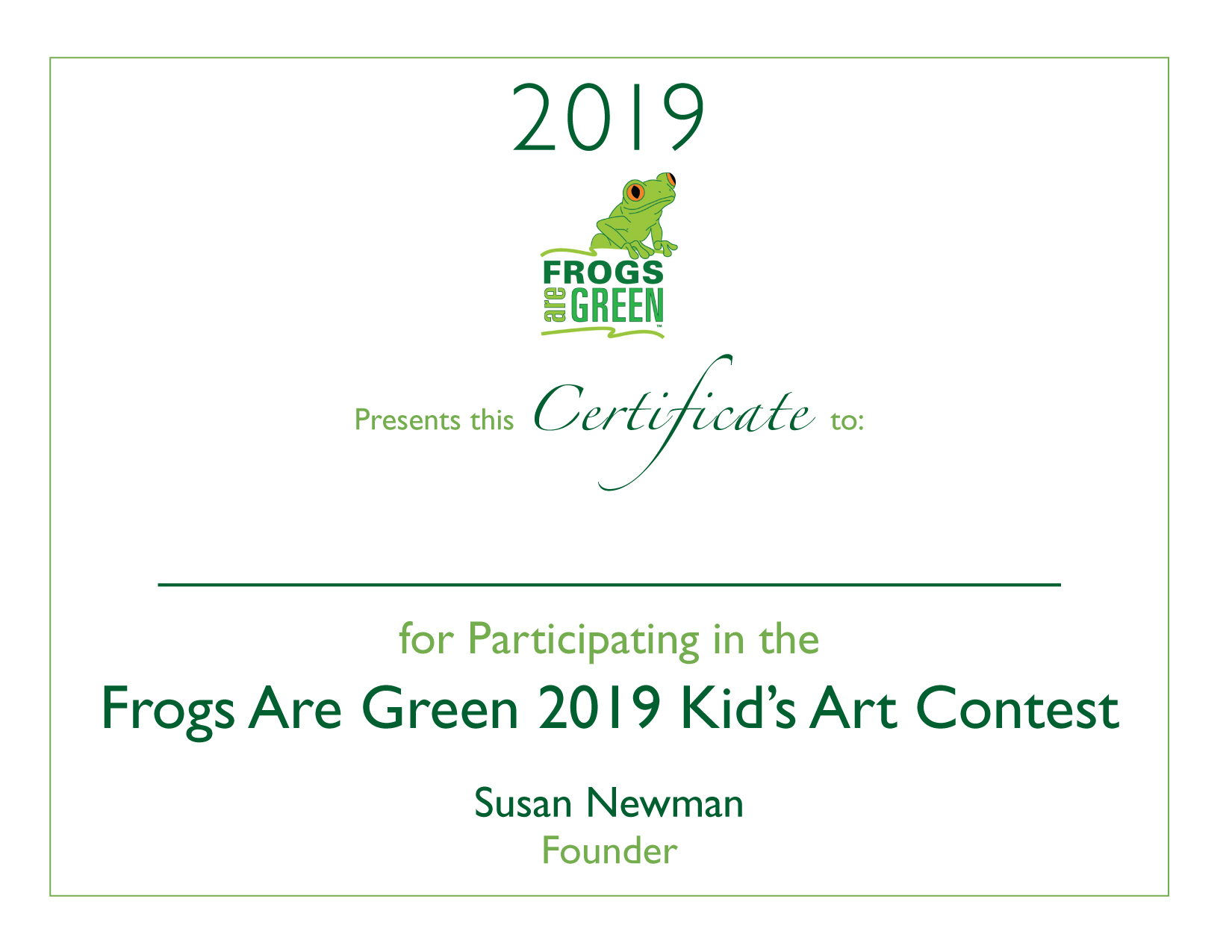 2019 Frogs Are Green Certificate for Participation